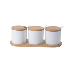 The Better Home Terra Series Ceramic Airtight Jar Container Set For Kitchen | Pantry Organizers & Storage | Dabba Set For Kitchen | Wooden Tray | Gift For Housewarming (White) (3Pcs - 250ml each)
