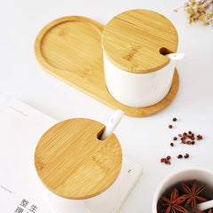 The Better Home Ceramic Jars for Kitchen Storage with Lid and Tray and Spoon |Kitchen Ceramic Food Container Air Tight for Storage Food Spices Storage Dinng Table | 250 Ml Pack of 2