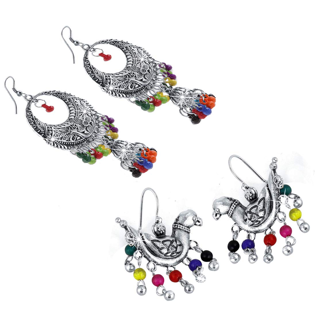 Yellow Chimes Silver Oxidized Chandbali Earrings - Elegant Gift