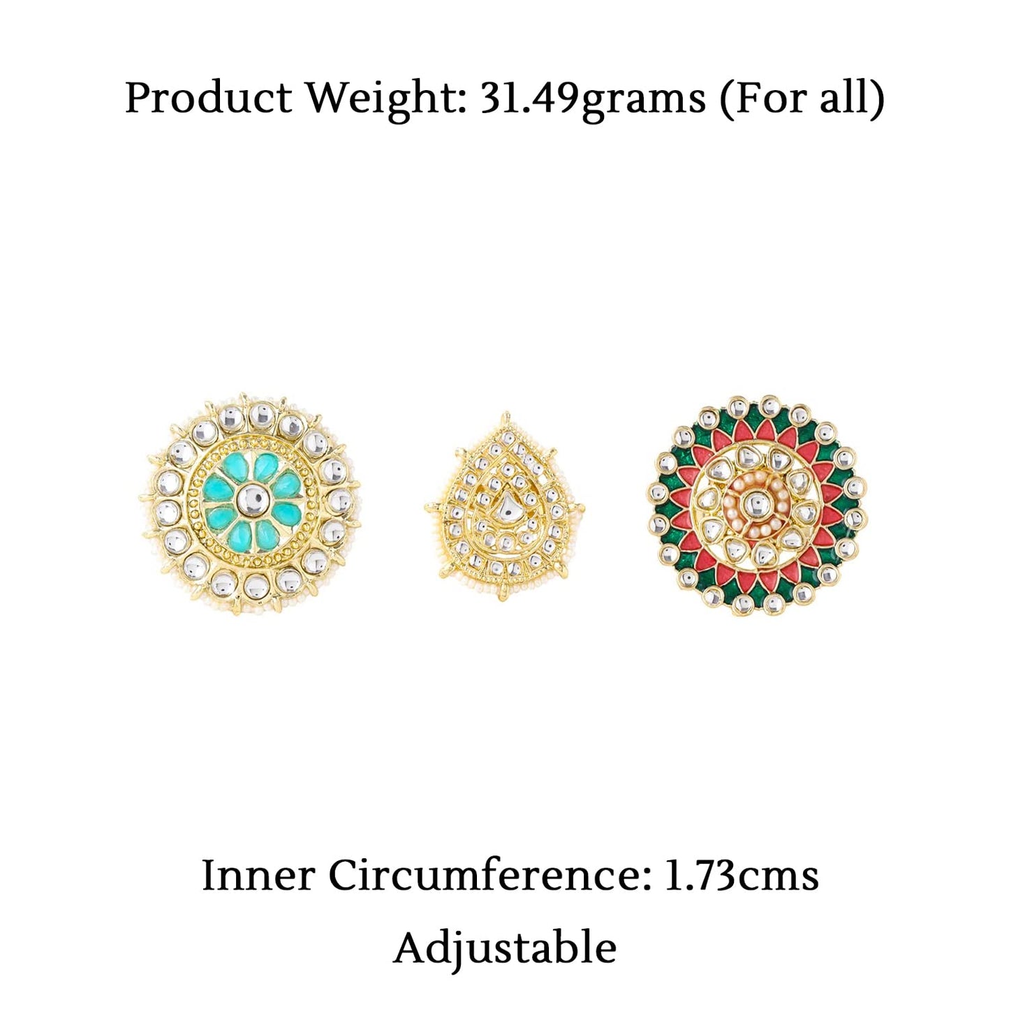 3 Pcs Set: Adjustable Kundan Studded Rings | Floral Design | Multicolor