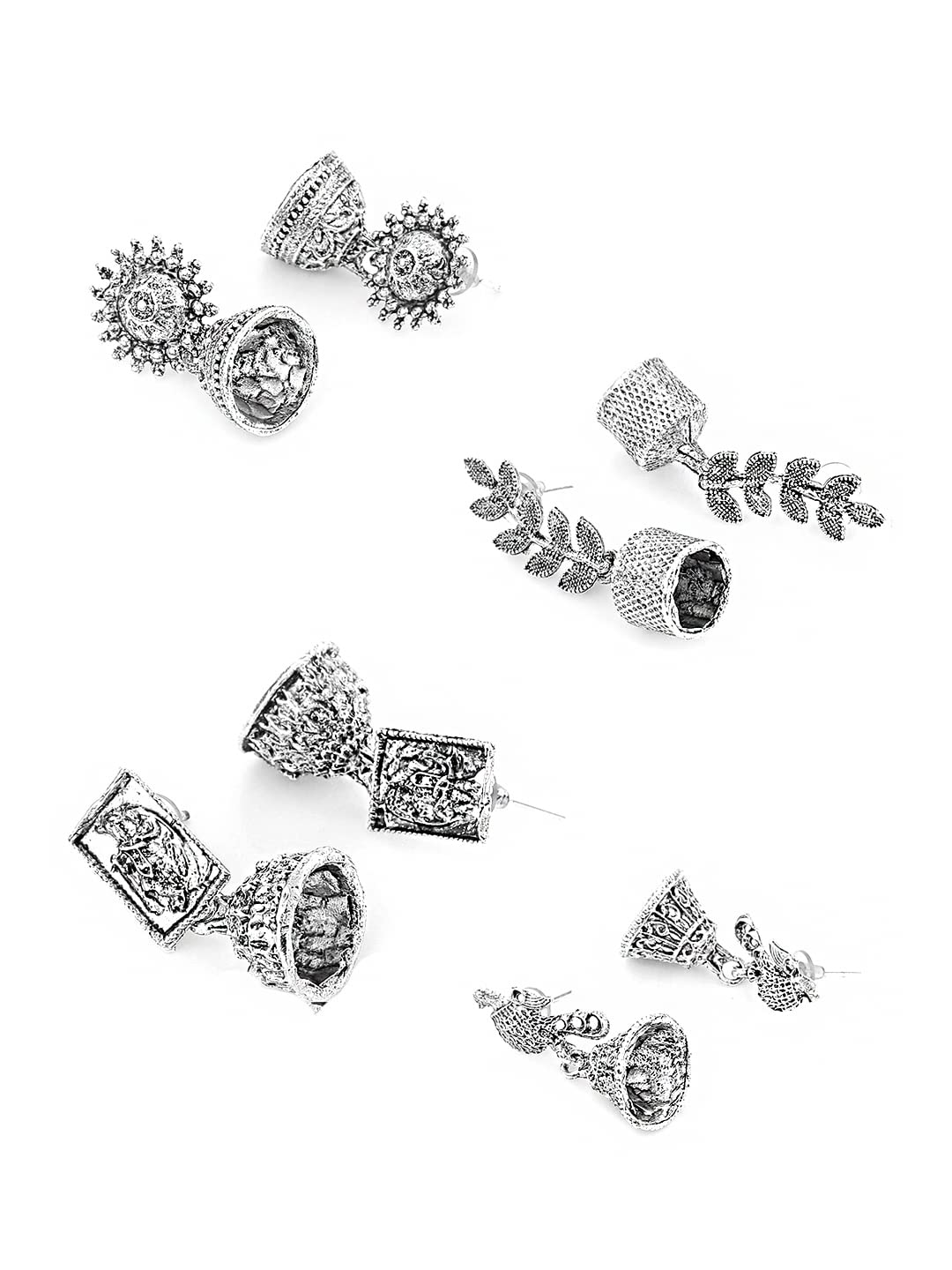 Combo of 4 pcs: Women Earrings - Traditional Silver Oxidised Jhumka | Leaf Shape | Silver