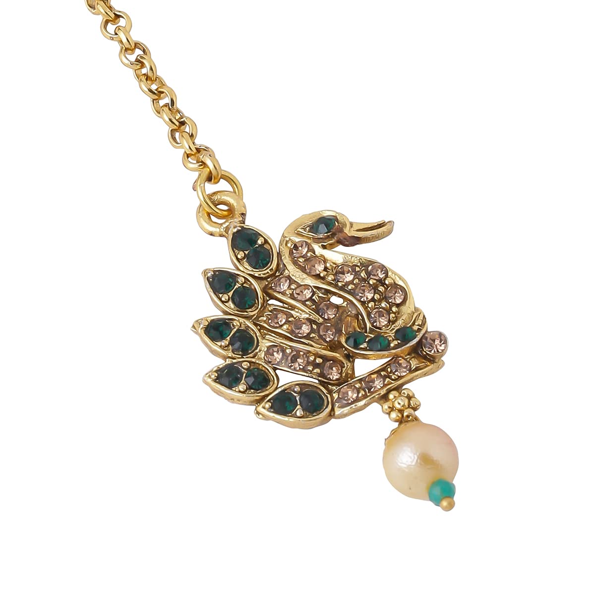 Gold Plated Charm Drop Beaded Necklace Set | Includes Necklace, Earrings & Maangtikka | 44CM Length | White