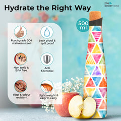 The Better Home Bliss Series Insulated Water Bottle 500ml with Cork Cap Water Bottle for Office Steel Water Bottles for Kids | Hot & Cold Water Bottle | Aesthetic Water Bottle (Triangular Print)