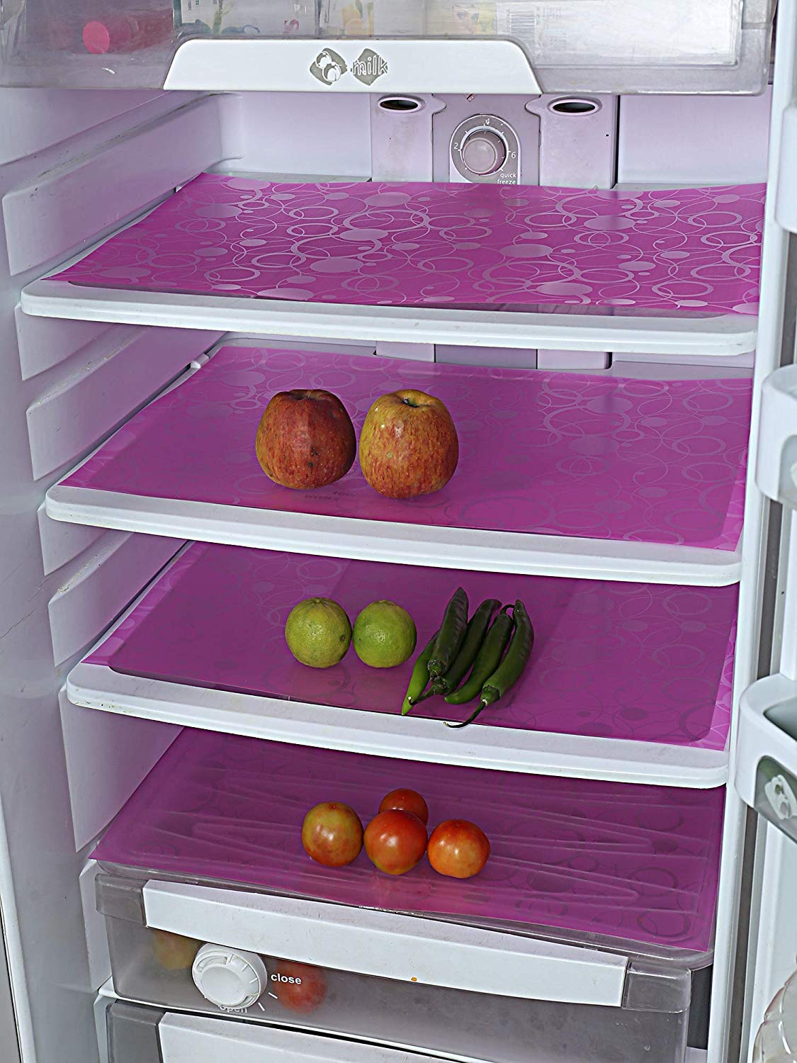 Combo: PVC Refrigerator Drawer Mat Set - Durable, Easy to Clean | 6 Pieces | 19"x13" | Pink, Geometric Design