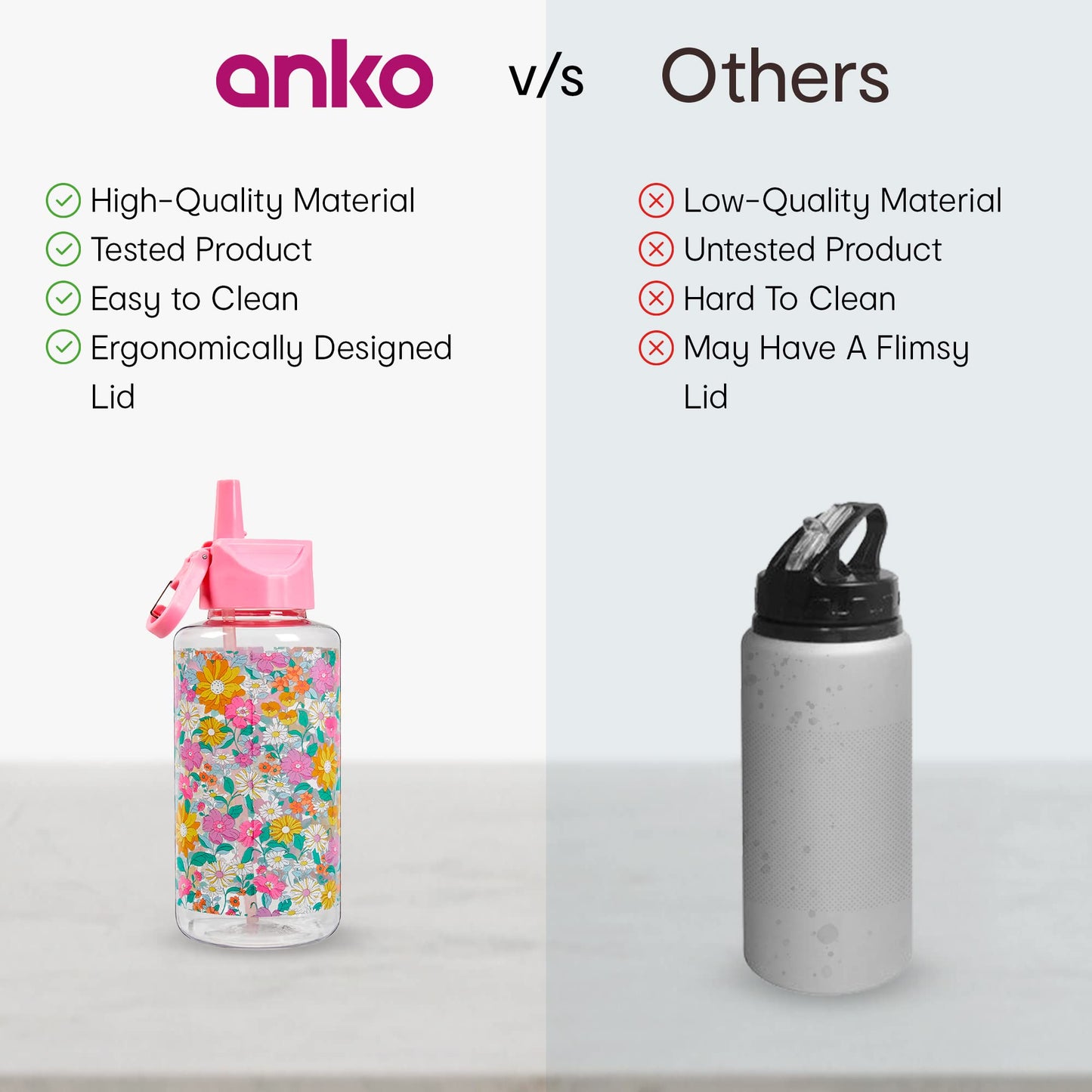 1L Non-Toxic Leak Proof Plastic Sipper Water Bottle - Flip-Top Spout & Straw | Lightweight | Blue & White