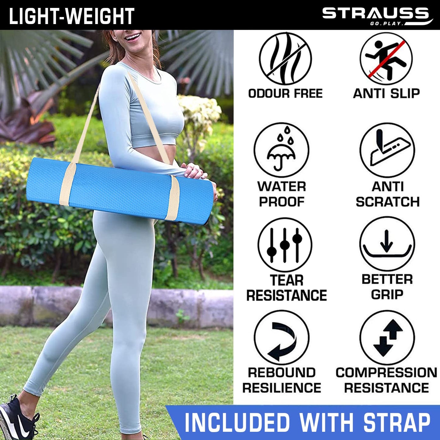 Strauss Anti Skid EVA Yoga Mat - Durable, Non-Slip | Includes Carry Strap | 4mm | Sky Blue