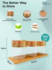 The Better Home Zenith Series Borosilicate Glass Jar With Wooden Lid (3Pcs - 850ml each)|Borosilicate Glass Container For Kitchen Storage Set|Airtight Glass Container|Spice Jars For Kitchen (Golden)