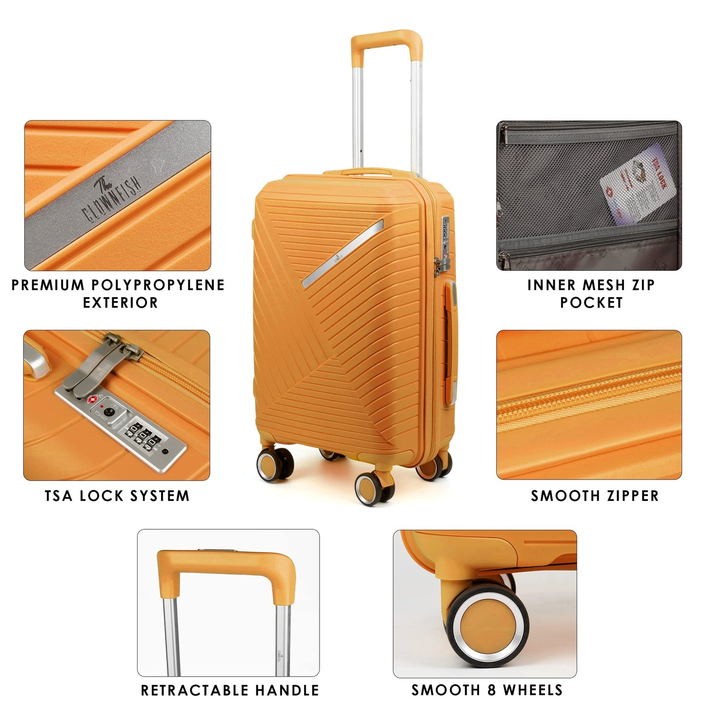 Combo: Polypropylene Hard Case Luggage Suitcases with TSA Lock | 8-Wheel Trolley Bags | 66 cm & 56 cm | Orange