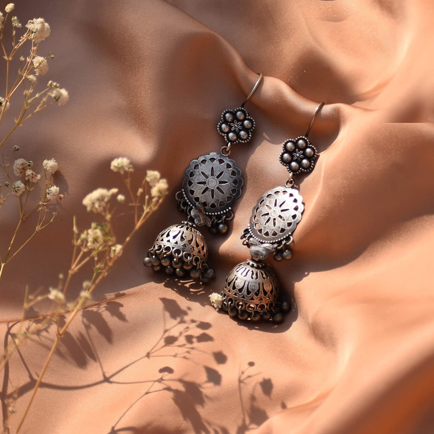 Teejh Anushreya Floral Silver Oxidised Jhumki - Party wear earrings