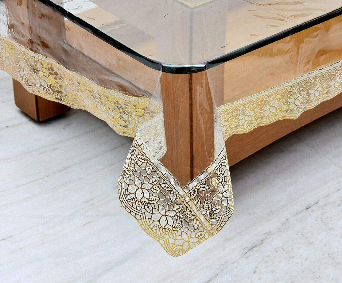 Transparent Table Cloth - PVC, Glossy Finish | 4 Seater | 60”x40” | Golden Lace Design | All Season