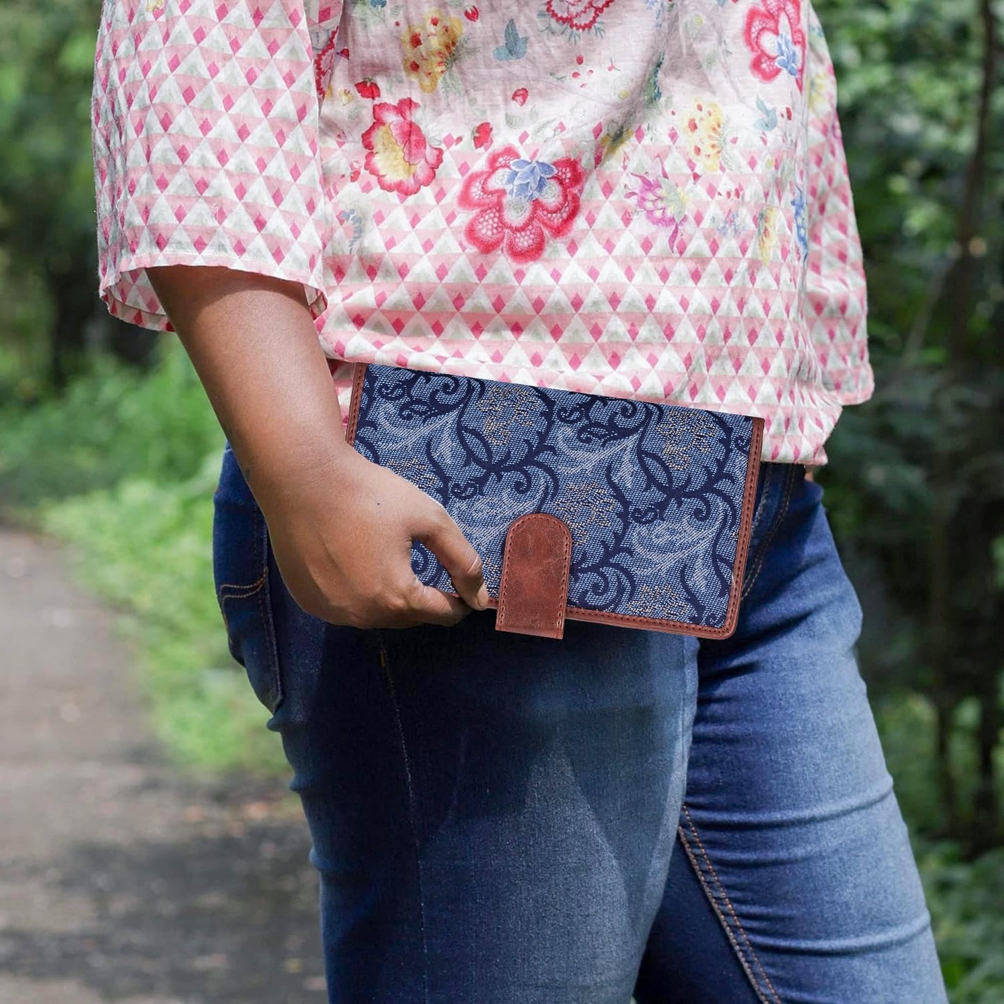 Bi-Fold Passport Wallet - Lightweight Faux Leather & Tapestry Fabric | Multiple Card Slots | Blue-Floral