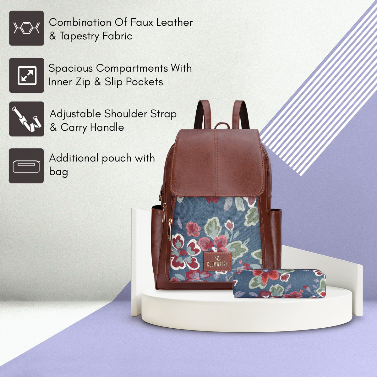 Combo: Faux Leather & Tapestry Women's Backpack with Bottle Holder | Expert Pencil Pouch | Persian Blue