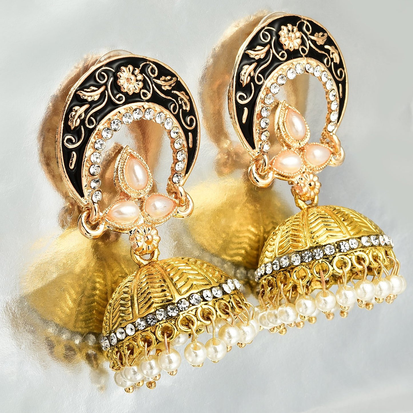 Yellow Chimes Black & Golden Jhumka Earrings - Traditional Fashion