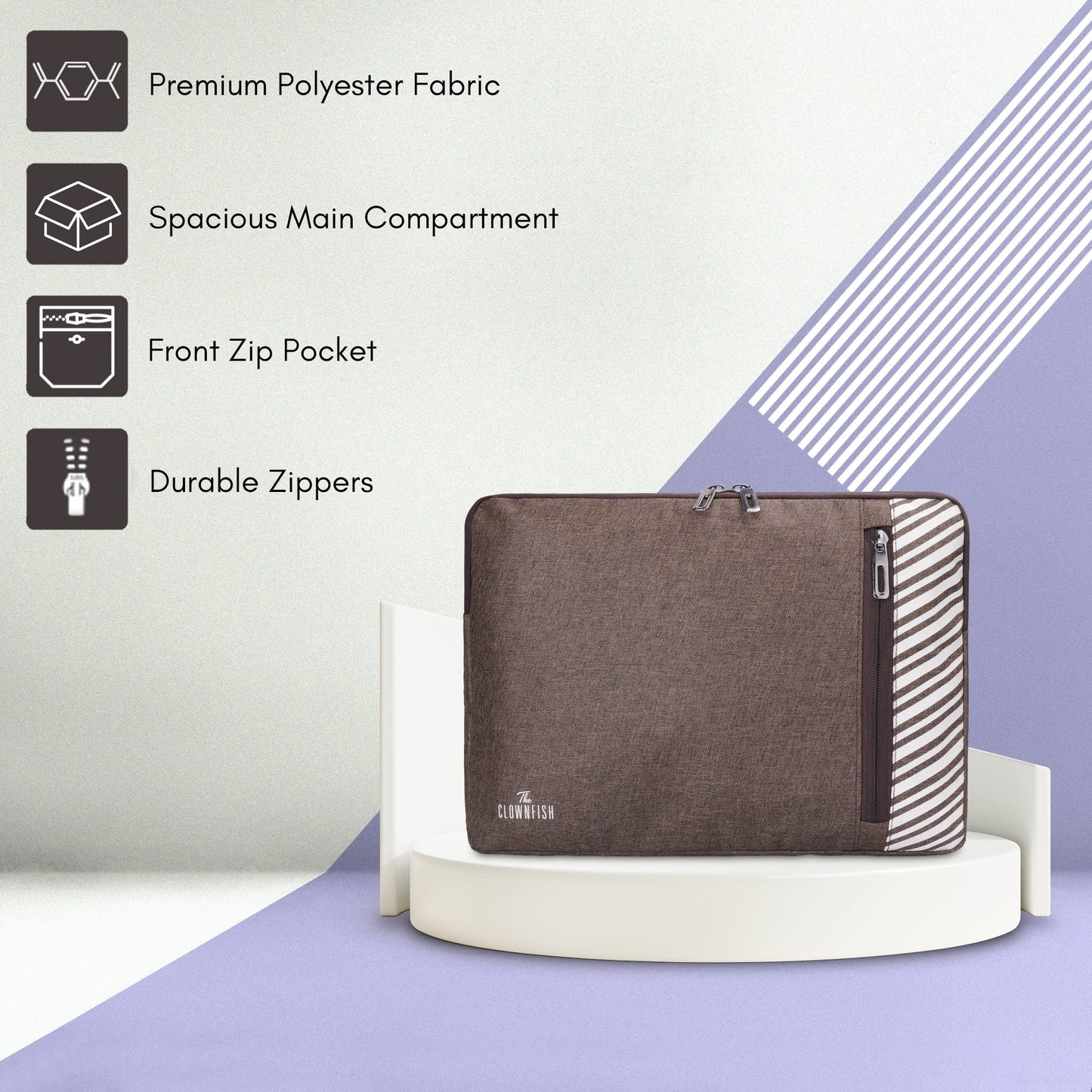THE CLOWNFISH Polyester Laptop Sleeve - Solid Modern Design | Jetted Pocket | 13 inch | Brown