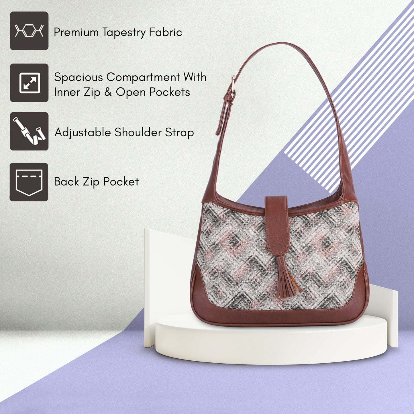 Samantha Tapestry Handbag - Lightweight, Checkered Design | 3 Pockets | Capacity: 7 | White-Checks