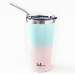 The Better Home 450 ml Insulated Coffee Cup Tumbler with Transparent Lid & Handle | Double Walled 304 Stainless Steel | Leakproof | 6 hrs hot & cold | Perfect For Travel, Home & Office | Blue-Pink