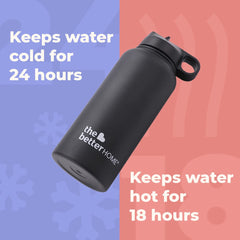 The Better Home Stainless Steel Insulated Sipper Water Bottle for Adults and Kids 1 Litre | Thermos Flask 1 Litre | Hot and Cold Insulated Water Bottle 1 Litre+ (Black)