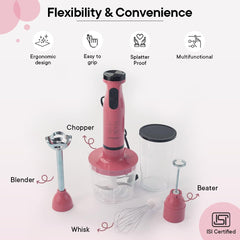 The Better Home FUMATO Electric Hand Blender, Chopper, Frother, Whisker, Processor 600W | 2 Variable Speed Modes, Jar, Stainless Steel Stem & Blades, Splatter Proof | 1 Yr Warranty (Cherry Pink)