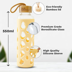 The Better Home Borosilicate Glass Water Bottle with Sleeve (550ml) | Non Slip Silicon Sleeve & Bamboo Lid | Water Bottles for Fridge (Pack of 2) (Yellow)