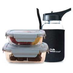 The Better Home Borosilicate Glass Lunch Box & Glass Water Bottle Set | Pack of 2 Glass Food Storage Containers (410ml,680ml) with 1 Glass Water Bottle (650ml) with Sipper | Air Tight & Leak Proof