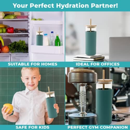 The Better Home Borosilicate Glass Tumbler with Lid and Straw 450ml | Water & Coffee Tumbler with Bamboo Straw & Lid | Leak & Sweat Proof | Durable Travel Coffee Mug with Lid (Teal-Pack of 2)