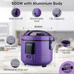 The Better Home FUMATO Cookeasy Automatic 500W Electric Rice Cooker 1.5L & Stainless Steel Water Bottle 1 Litre Pack of 5 Purple