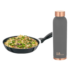 The Better Home 100% Pure Copper Water Bottle 1 Litre, Teal & Savya Home Non Stick Fry Pan, 18 cm (Stove & Induction Cookware, Easy Grip Handle) (Grey)