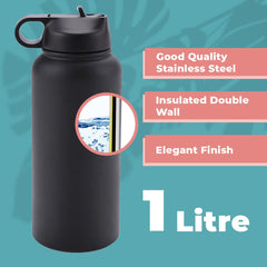 The Better Home Stainless Steel Insulated Sipper Water Bottle for Adults and Kids 1 Litre | Thermos Flask 1 Litre | Hot and Cold Insulated Water Bottle 1 Litre+ (Black)