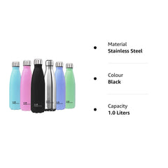 The Better Home 1000 Stainless Steel Insulated Water Bottle 1 Litre | Thermos Flask 1 Litre+ | Food Grade & BPA Free, Hot and Cold Steel for Kids (Black)