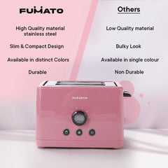 Fumato 1000W Bread Toaster 2 Slices with Bun Rack | Stainless Steel Auto Pop Up Toaster- 6 Heating Modes, Removable Crumb Tray, Extra Wide Slots | Cancel, Reheat & Defrost | 1 Yr Warranty- Cherry Pink