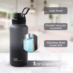 The Better Home Insulated Water Bottle 1 Litre | Double Wall Hot and Cold Water for Home, Gym, Office | Easy to Carry & Store | Insulated Stainless Steel Bottle (Pack of 1, Black - Grey)
