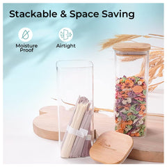 The Better Home Pack of 4 Kitchen Accessories Item with Bamboo Lid I Rectangular Transparent Airtight Borosilicate Kitchen Containers Set | Glass Jars for Cookies Snacks Tea Coffee Sugar | 600 ml Each