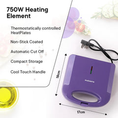 The Better Home FUMATO 750 W 2 Slice Toast Sandwich Maker | Non-stick Aluminium Plates, Cool Touch Technology, Power Indicator, Upright Compact Storage, Buckle Clip Lock | 1 Year Warranty- Purple