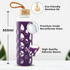 The Better Home Borosilicate Glass Water Bottle with Sleeve (550ml) | Non Slip Silicon Sleeve & Bamboo Lid | Water Bottles for Fridge (Pack of 2) (Purple)