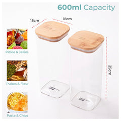 The Better Home Pack of 4 Kitchen Accessories Item with Bamboo Lid I Rectangular Transparent Airtight Borosilicate Kitchen Containers Set | Glass Jars for Cookies Snacks Tea Coffee Sugar | 600 ml Each