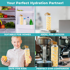 The Better Home Borosilicate Glass Water Bottle with Sleeve (550ml) | Non Slip Silicon Sleeve & Bamboo Lid | Water Bottles for Fridge (Pack of 2) (Yellow)