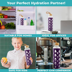 The Better Home Borosilicate Glass Water Bottle with Sleeve (550ml) | Non Slip Silicon Sleeve & Bamboo Lid | Water Bottles for Fridge (Pack of 2) (Purple)
