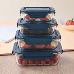The Better Home UMAI Food Container With Snap Airtight Lid (4Pcs- 410ml, 680ml, 1040ml, 1520ml)|Borosilicate Glass Container For Kitchen Storage Box | Microwave Safe | Glass Tiffin Box (Rectangular)