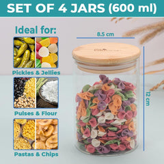 The Better Home Pack of 4 Kitchen Accessories Item with Bamboo Lid I Transparent Airtight Borosilicate Kitchen Containers Set | Glass Jars for Cookies Snacks Tea Coffee Sugar | 600 ml Each