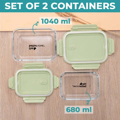 The Better Home Microwave Safe Borosilicate Glass Lunch Box (2Pcs - 680Ml, 410Ml)|4 Way Locking Leak-Proof Lid|Air Vent For Easy Pressure Release|Lunch Box For Office| Food Storage Container, Green