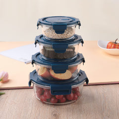 The Better Home UMAI Food Container With Snap Airtight Lid (4Pcs-420ml, 660ml, 950ml, 1300ml)|Borosilicate Glass Container For Kitchen Storage Box |Microwave Safe | Glass Tiffin Box| Lunch Box (Round)