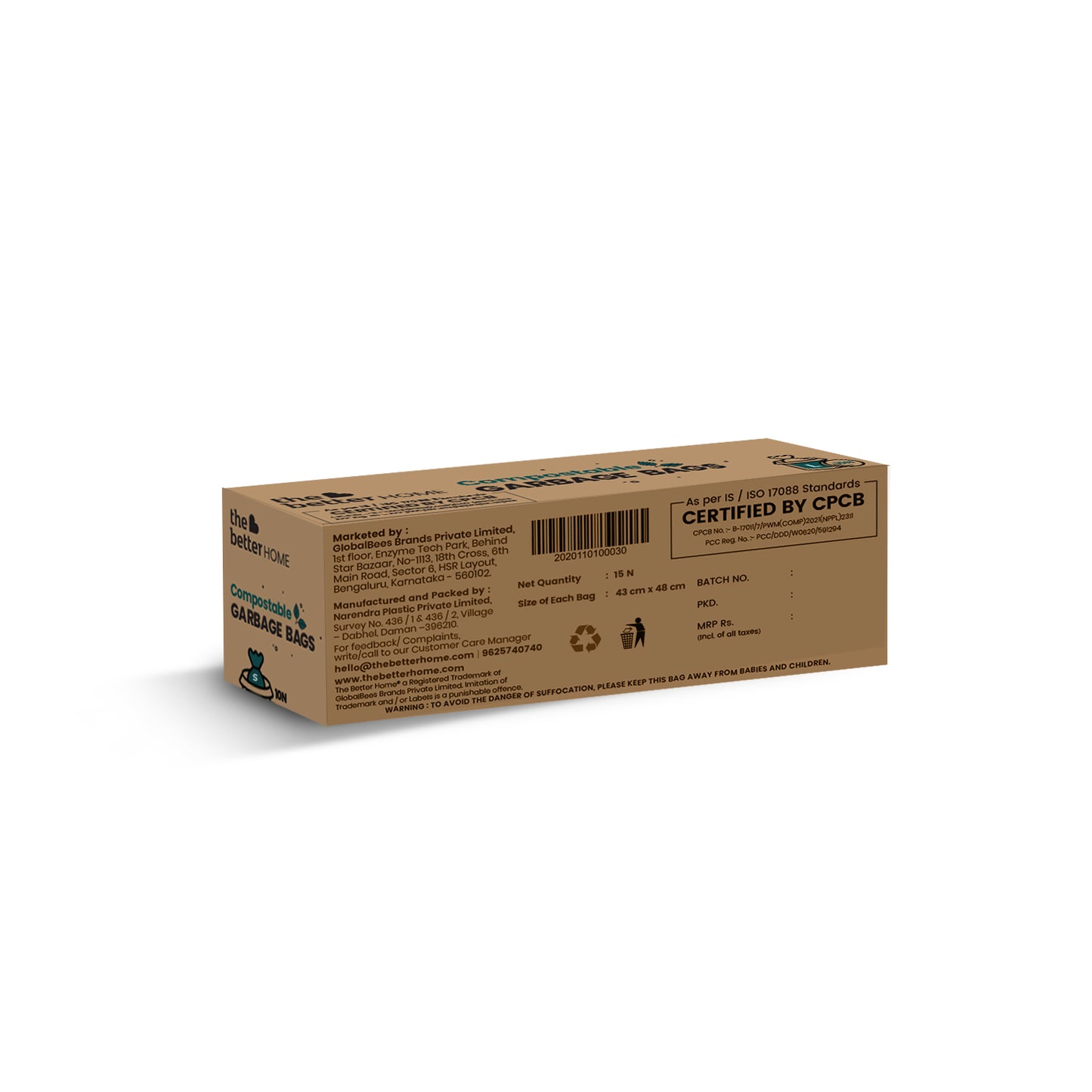 Garbage Bags | Small - 43 cm X 48 cm | Compostable, Biodegradable, Eco-friendly | 15 bags per roll, Pack of 2