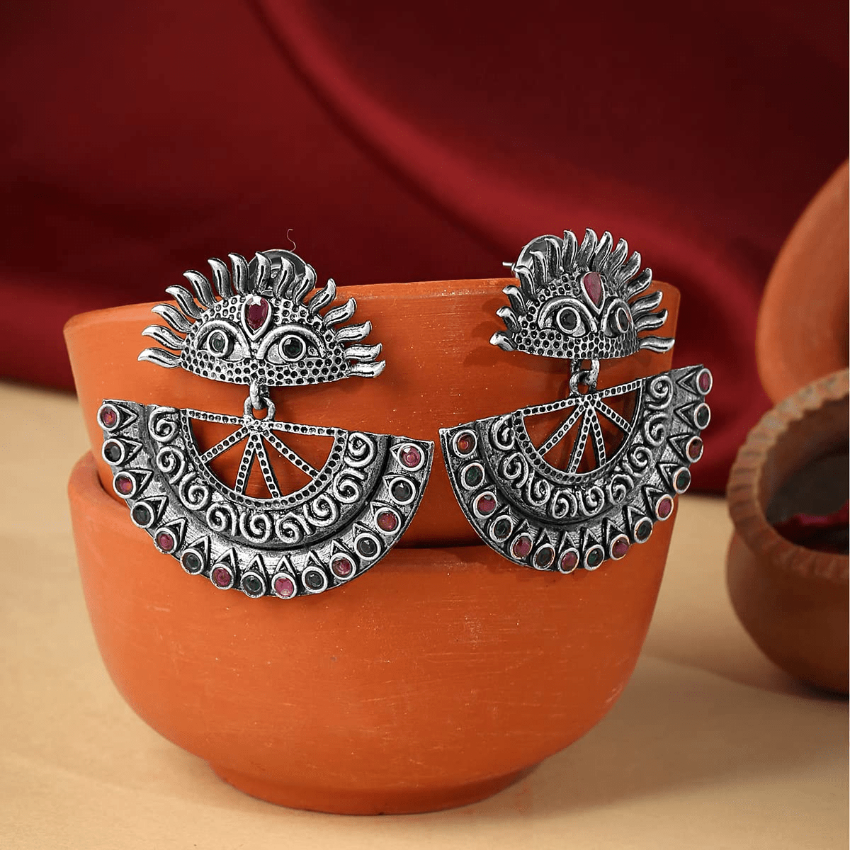 Yellow Chimes silver oxidised earrings - festive celebration jewelry