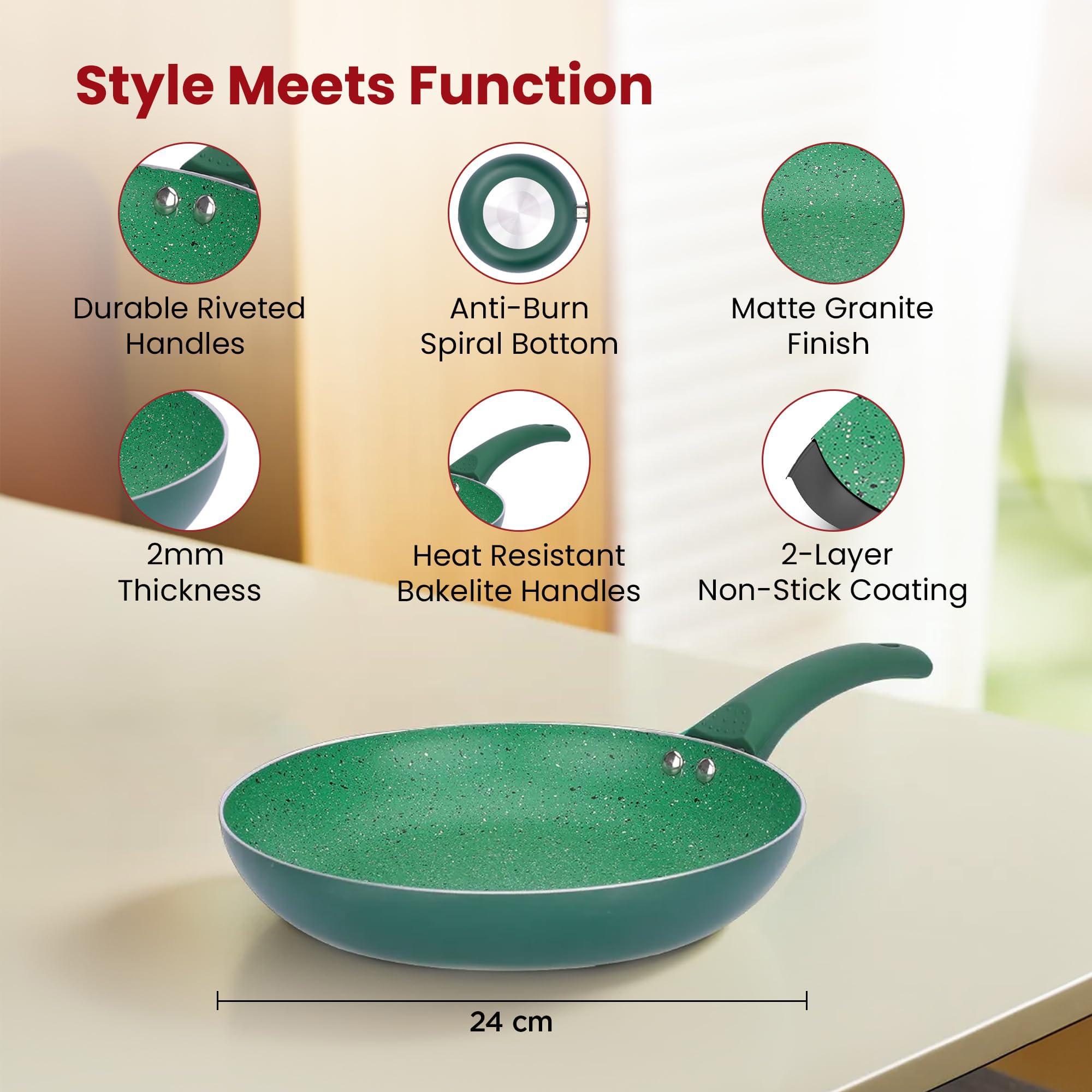 Buy Non Stick Frying Pan 3 Layer Coating, Easy Grip 24 cm Green