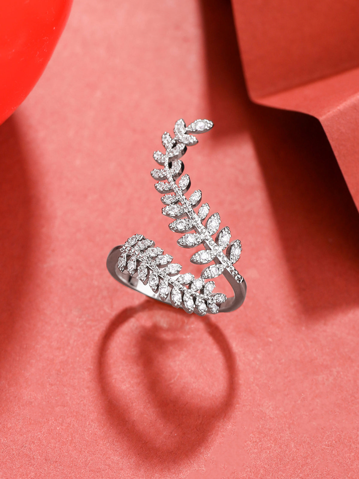 Yellow Chimes Adjustable Silver Crystal Ring - Unique Leaf Design for Anniversaries