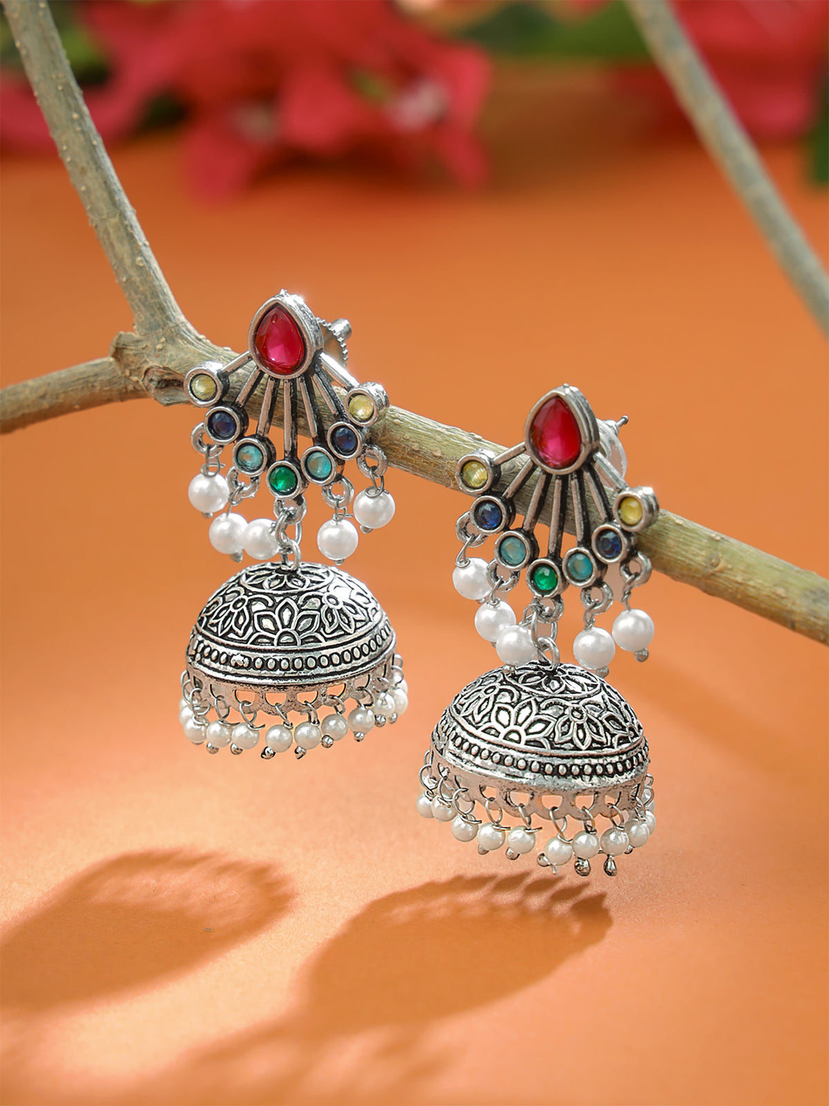Yellow Chimes Silver Oxidised Long Jhumka Earrings - Anniversary Gift