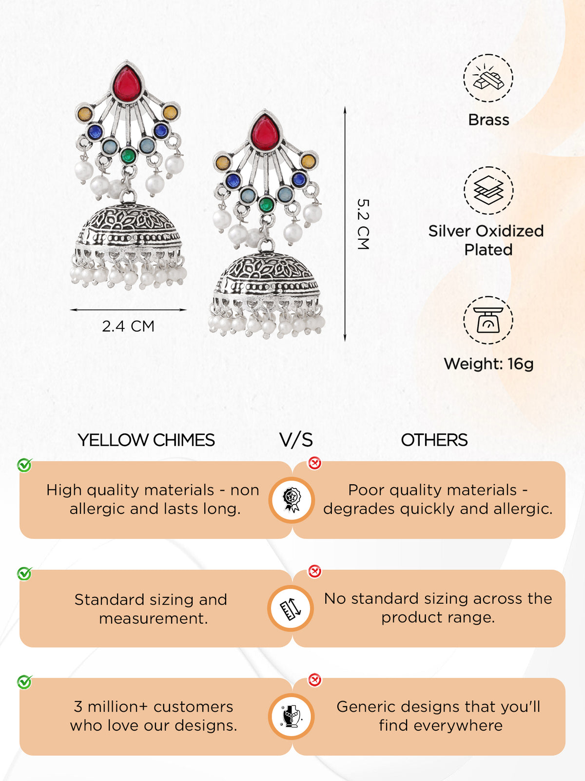 Yellow Chimes Silver Oxidised Long Jhumka Earrings - Weddings