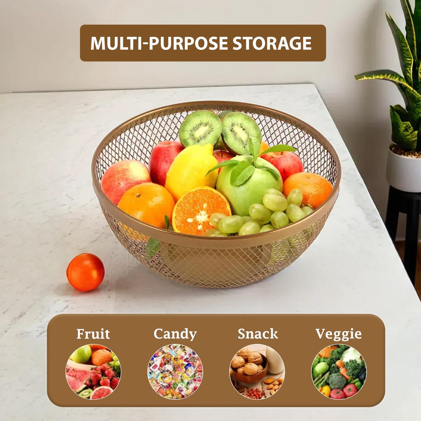 Kuber Stainless Steel Mesh Fruit Basket - Dining Table Centerpiece