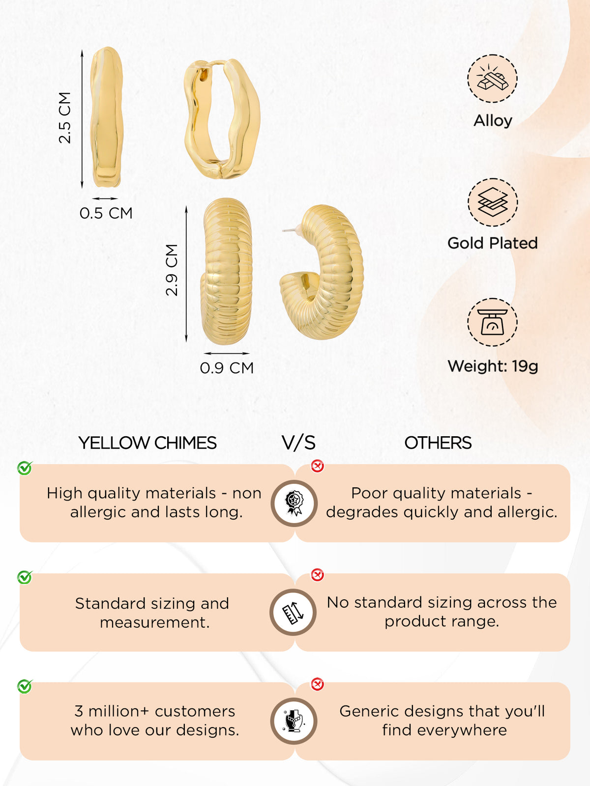 Yellow Chimes gold plated hoops - casual outfit accessory