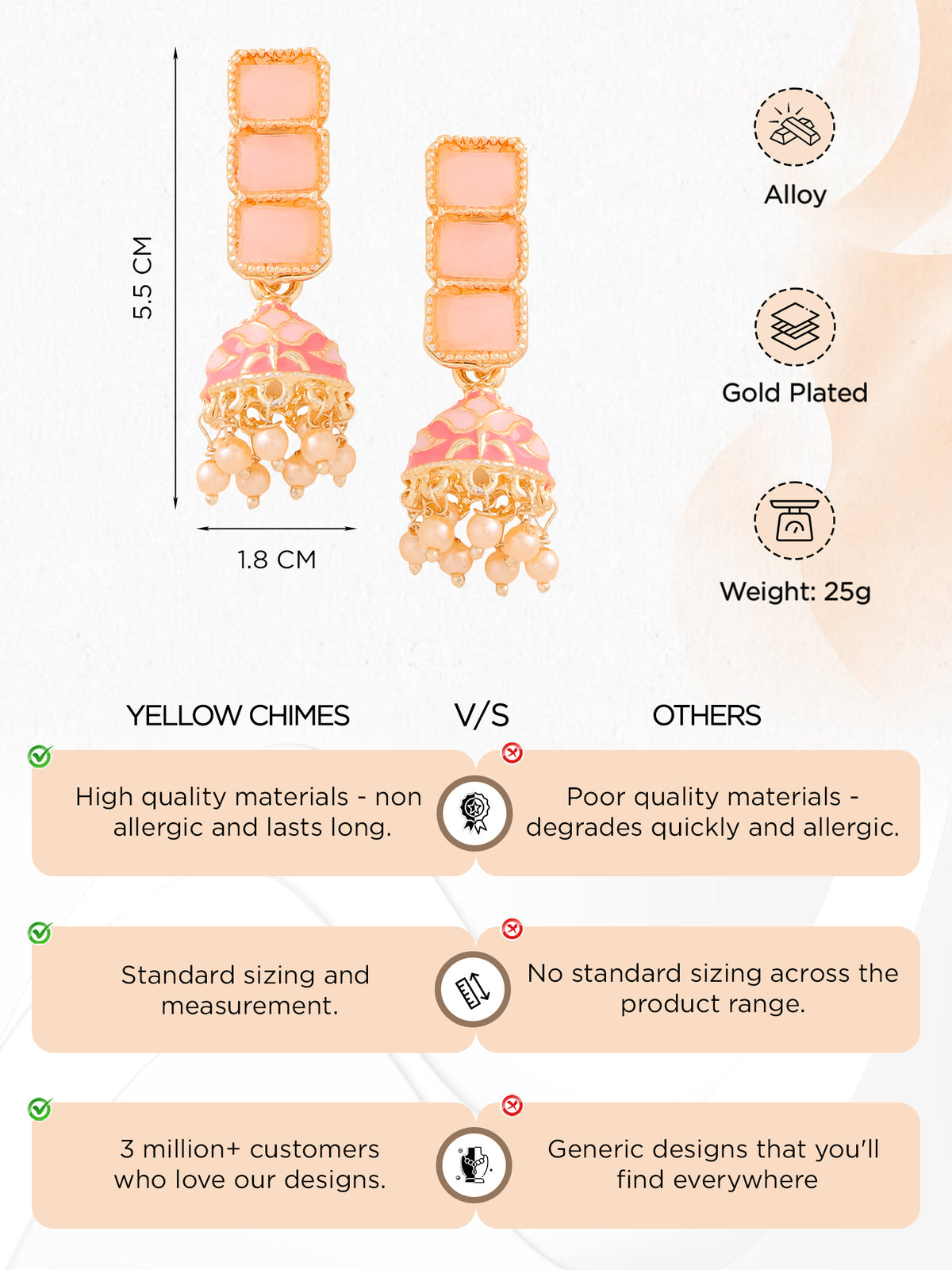 Yellow Chimes gold plated drop earrings - for casual outings